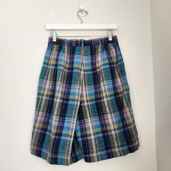 Vintage Fundamental Things Plaid Pleated High Waisted Linen Shorts Teal Purple 2 - Picture 10 of 11